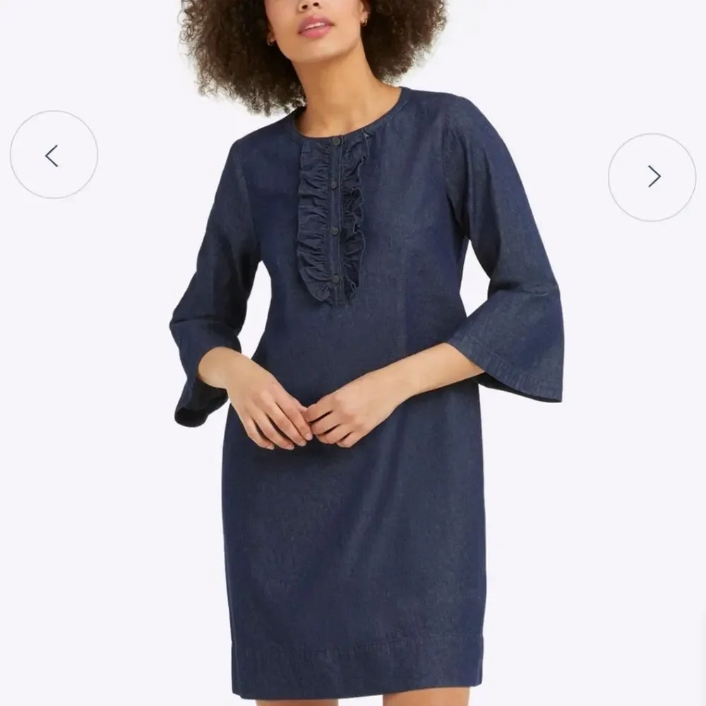 Draper James Denim Chambray Cotton Shift Dress with Ruffle Neckline Size 0
